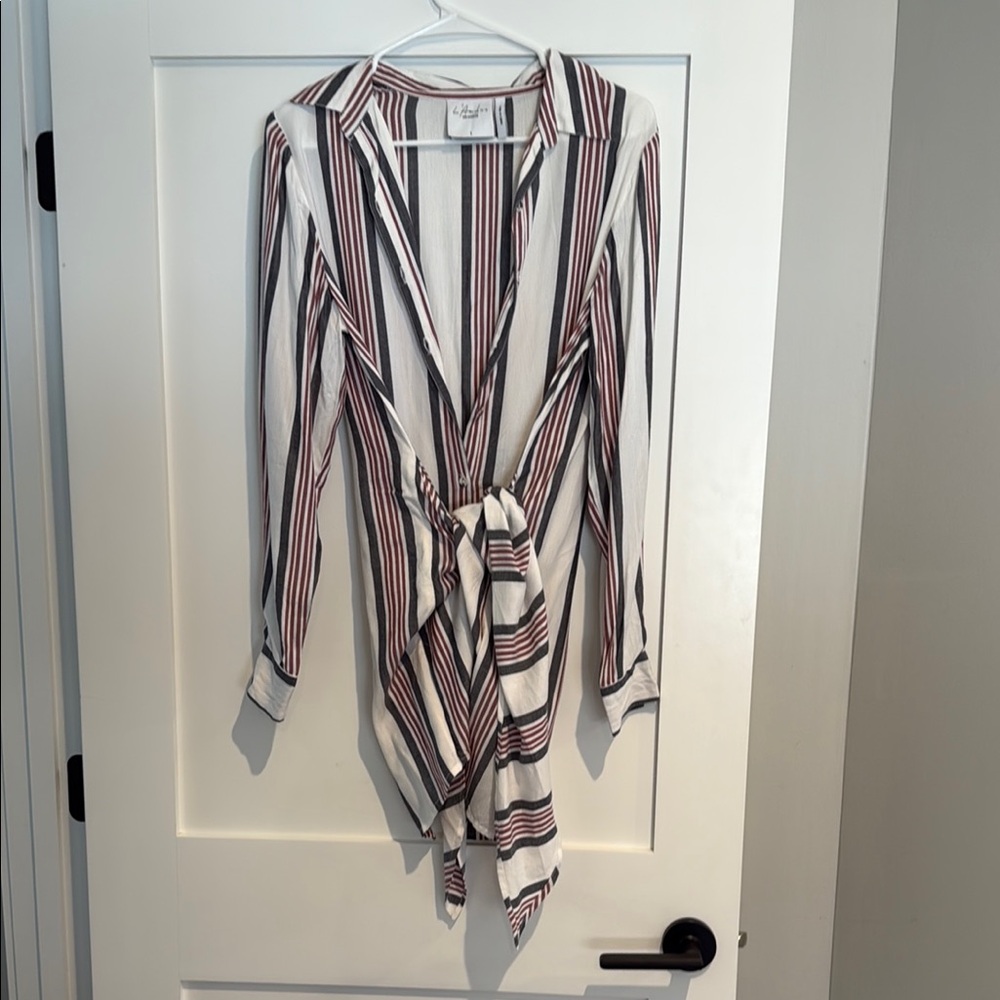 L’Academie Striped Button-Up Tie-Front Blouse